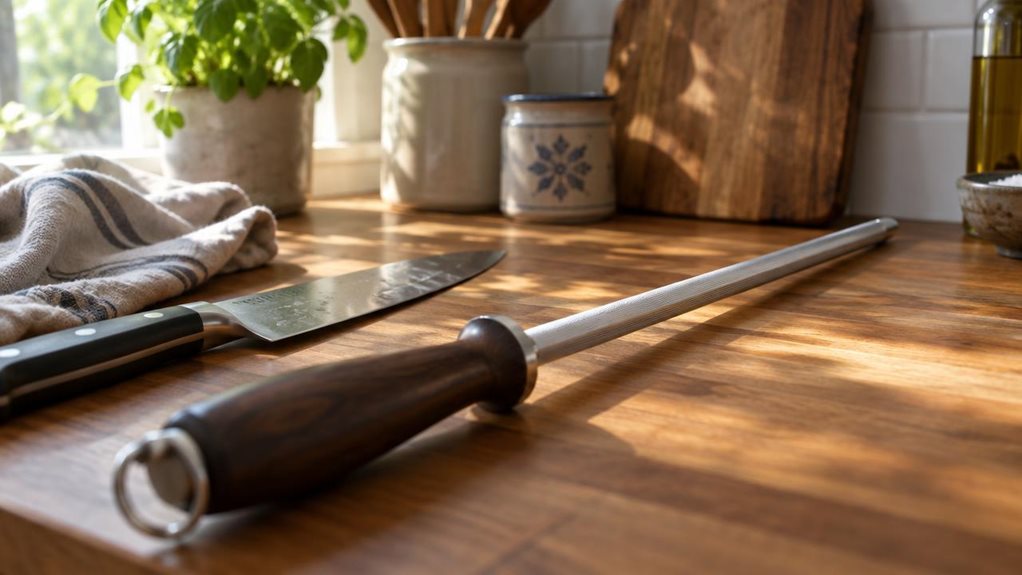 A photograph of a 20 cm sharpening steel rod resting diagonally across a wooden kitchen countertop, its brushed stainless steel surface catching soft, natural window light from the left. The rod's textured, honing-grooved surface reflects muted highlights, while the dark walnut handle lies closest to the camera, slightly out of focus to create depth. Beside it, a chef's knife rests at an angle, hinting at recent use, with a folded linen kitchen towel bunched casually nearby.