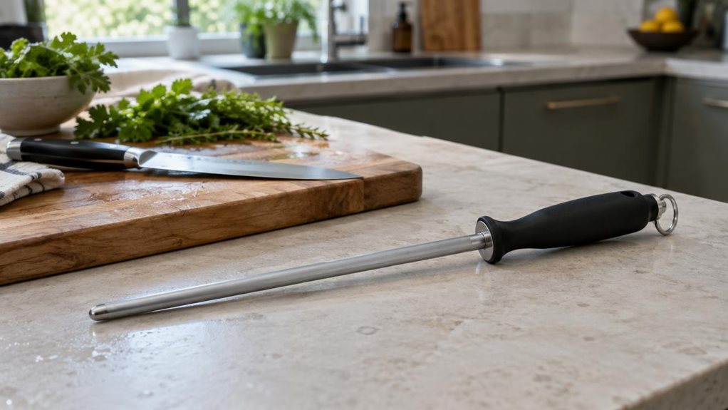 A photograph of a single 20 cm sharpening steel resting naturally on a pale stone kitchen counter beside a wooden cutting board. Its slender steel rod and dark ergonomic handle are clearly visible, with subtle highlights along the metal and realistic fine surface texture. A chef’s knife and a few freshly washed herbs sit nearby, suggesting an everyday home kitchen without making the scene feel staged. The horizontally composed 16:9 landscape frame places the sharpening steel 