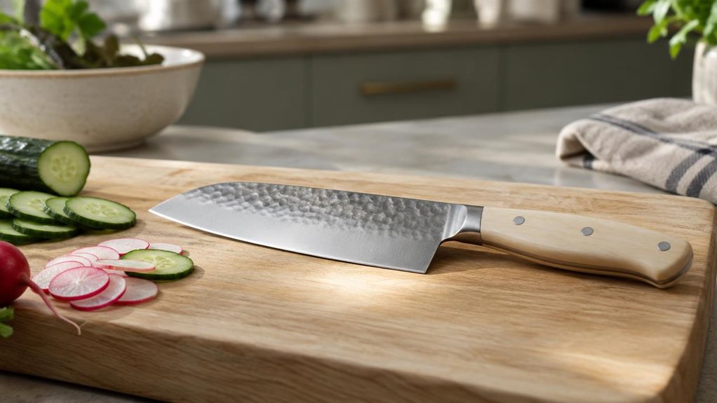 A photograph of a single Santoku knife resting on a pale wooden cutting board in a calm, modern home kitchen, composed as a horizontal 16:9 landscape scene. The knife is the clear hero: its broad, polished steel blade has a subtle hammered texture and a gently curved cutting edge, while the light-colored handle is smooth and securely joined with small metal rivets. A few neatly arranged slices of cucumber and radish sit nearby, suggesting its everyday kitchen setting without