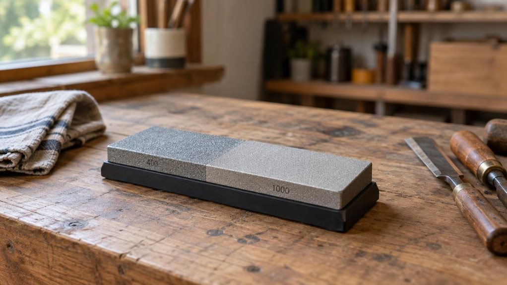 A photograph of a single double-grit diamond sharpening stone resting on a well-used wooden workbench in a quiet home workshop, composed as a horizontal 16:9 landscape scene. The compact rectangular stone is the clear hero, with two distinct textured sharpening surfaces and a sturdy dark base, shown in crisp, realistic detail. Nearby, a folded shop cloth and a few neatly arranged hand tools suggest its natural setting without distracting from the product. The scene feels cand