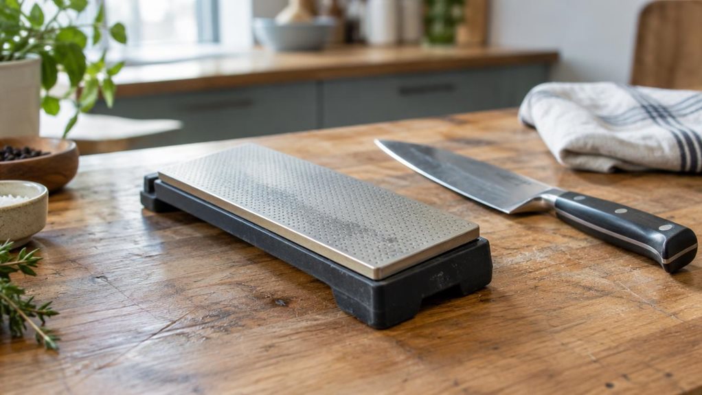 A photograph of a single diamond whetstone resting on a well-used wooden workbench in a bright, modern home kitchen, composed as a horizontal 16:9 landscape scene. The sharpening stone is the clear hero, shown at a natural three-quarter angle with its finely textured metal surface, sturdy base, and subtle signs of everyday use rendered in crisp detail. Nearby, a chef’s knife lies safely beside it, along with a folded linen cloth and a few understated kitchen tools, suggesting
