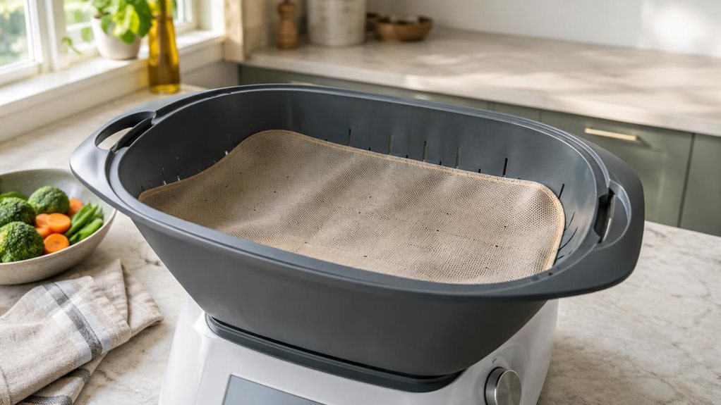 A photograph of a single reusable rectangular baking mat resting naturally inside the open Varoma tray of a modern countertop food steamer, in a calm, contemporary home kitchen. The mat’s fine woven texture and neatly finished edges are clearly visible, with a few subtle perforations and gentle creases suggesting regular use. The tray sits on a pale stone countertop beside a folded linen towel and a small bowl of fresh vegetables, arranged casually rather than as a staged dis