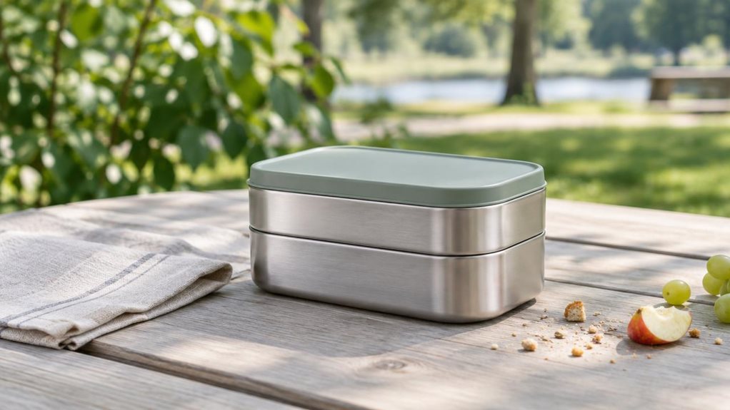 A photograph of a single lightweight, two-tier lunch box resting on a pale wooden picnic table beside a folded linen napkin. The lunch box has a clean, modern shape, softly rounded corners, a muted sage-green lid, and a subtle metallic body, with no visible logos or lettering. Its neatly fitted lid and compact proportions make the two-in-one design easy to recognize. A few crumbs and a small piece of fruit nearby suggest an everyday lunch, while leafy greenery and a softly bl