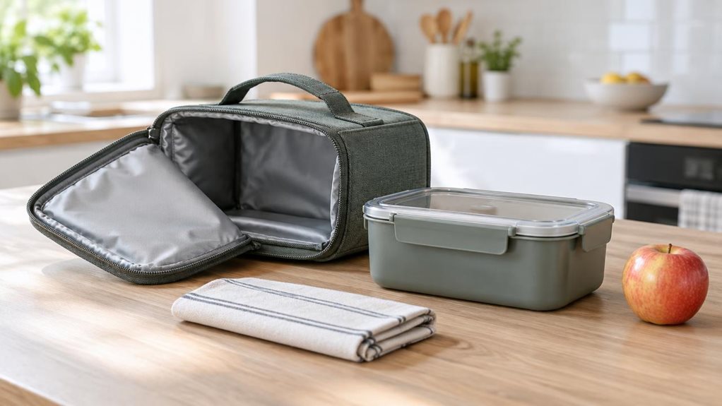 A photograph of a single thermal lunch box set resting on a light oak kitchen counter, composed horizontally in a 16:9 landscape frame. The insulated lunch bag is open beside its matching food container, with a neatly folded cloth napkin and a piece of fruit nearby to suggest an everyday packed lunch. Its clean, modern shape and textured fabric are clearly visible, with subtle stitching, a sturdy zipper, and a comfortable handle. The scene feels casually observed rather than 