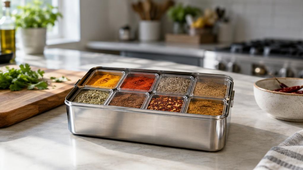 A photograph of a single premium spice box set resting on a kitchen counter in a horizontally composed 16:9 landscape scene. The compact organizer holds eight small, clear-lidded compartments filled with colorful spices—golden turmeric, deep-red chili powder, cumin seeds, and earthy brown blends—arranged neatly inside a polished stainless-steel case. It sits naturally beside a wooden cutting board and a small ceramic bowl, with a softly blurred, modern home kitchen in the bac