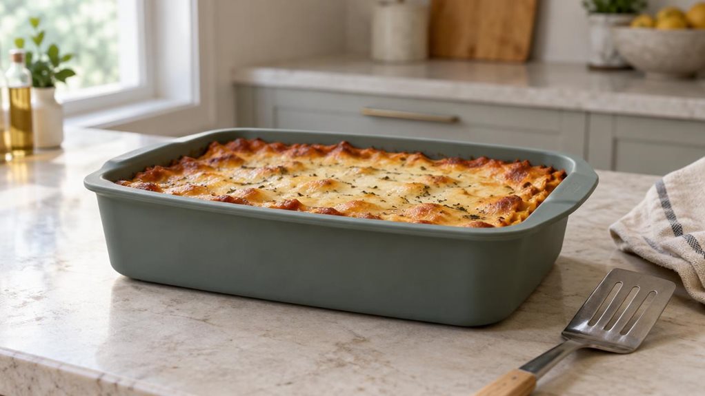 A photograph of a single rectangular silicone lasagna pan resting on a pale stone kitchen counter in a bright, modern home. Composed horizontally in a 16:9 landscape, the image gives the pan clear prominence while showing its flexible sides, gently rounded corners, and subtle matte texture. A freshly baked lasagna sits inside, its golden, lightly browned top visible above the rim; a simple serving spatula and a folded linen towel nearby suggest an everyday meal without making
