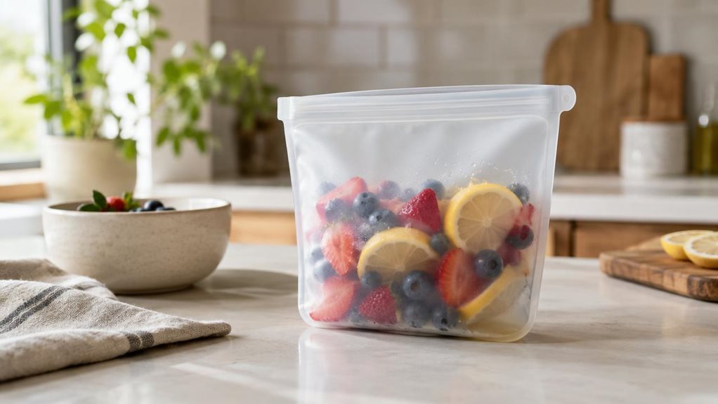 A photograph of a horizontally composed 16:9 landscape scene showing a single translucent silicone food storage bag standing upright on a clean, modern kitchen countertop, heroed in its natural environment. The bag is partially filled with fresh berries and sliced citrus, its soft matte surface catching gentle window light that creates subtle highlights and a realistic, slightly dewy texture. Nearby, a neutral ceramic bowl, a linen tea towel, and a wooden cutting board sit so