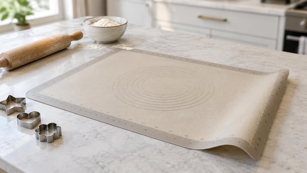 A photograph of a single 40 × 60 cm silicone baking mat resting flat on a pale stone countertop in a bright, modern home kitchen. The flexible mat is the clear hero, its softly textured surface and subtle measurement markings visible, with one corner gently curled to suggest its pliability. A wooden rolling pin and a small bowl of flour sit nearby, while a few neatly arranged cookie cutters add a natural baking context without distracting from the mat. The scene feels candid