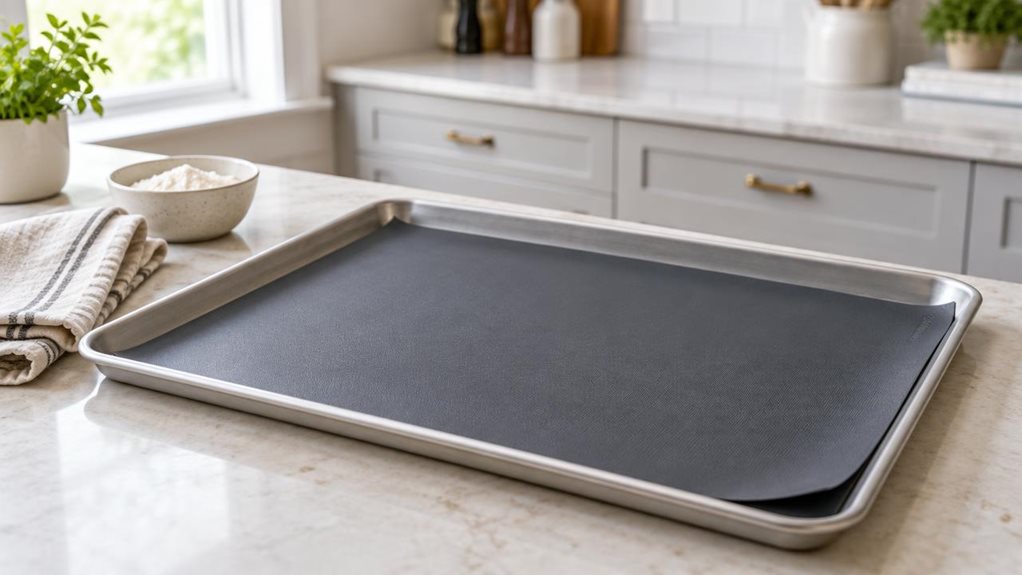 A photograph of a single charcoal-gray silicone baking mat laid flat on a clean baking sheet atop a pale stone kitchen counter, its flexible, slightly textured surface clearly visible and free of crumbs. The mat is the hero of a horizontally composed 16:9 landscape scene, naturally at home in a bright, modern kitchen. Nearby, a folded linen towel and a small ceramic bowl of flour add understated context without distracting from the product. The composition feels candid and ob