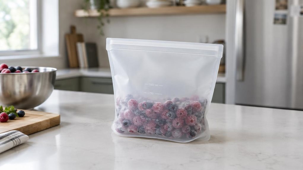 A photograph of a single silicone freezer bag, 1500ml in size, resting naturally on a clean quartz kitchen countertop in a modern, softly lit home kitchen. The horizontally composed 16:9 landscape scene feels candid and observational, as if captured casually with a high-end camera. The bag is partially filled with neatly stored frozen berries and sits near a stainless steel bowl and a wooden cutting board, subtly suggesting meal prep and freezer storage without any staged act