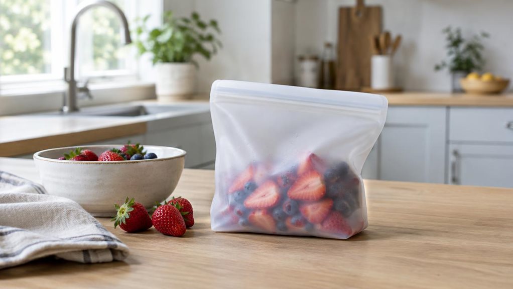 A photograph of a single silicone food storage bag resting casually on a light oak kitchen counter in a bright, modern home kitchen, framed in a horizontally composed 16:9 landscape view. The reusable bag is shown in-situ beside a simple ceramic bowl, a linen napkin, and a few fresh strawberries, suggesting everyday meal prep without any staged action. Its semi-translucent matte surface catches soft natural window light, revealing subtle folds and a clean zip-top seal. The ba