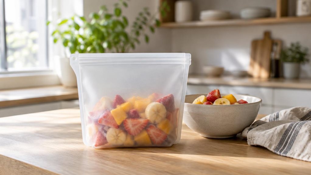A photograph of a single silicone food storage bag resting casually on a light oak kitchen counter in a modern, sunlit apartment, composed in a horizontal 16:9 landscape frame. The translucent reusable bag stands upright beside a ceramic bowl of chopped fruit and a linen tea towel, subtly heroing its practical, portable design without any action in progress. Soft natural morning light spills in from a nearby window, creating gentle highlights on the matte silicone surface and