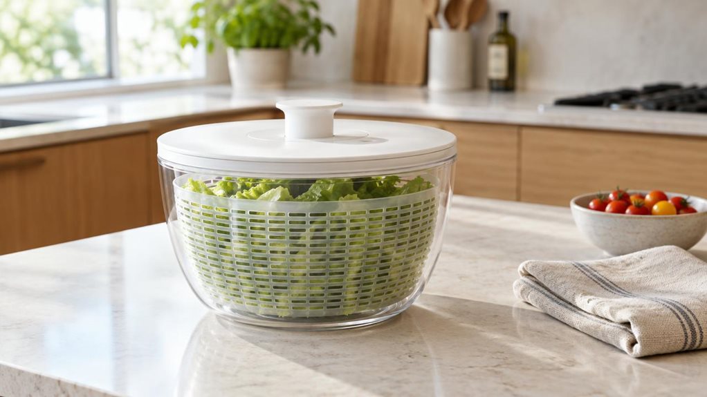 A photograph of a single salad spinner resting on a pale stone kitchen island, composed as a horizontal 16:9 landscape scene. The clear, gently rounded bowl reveals crisp green lettuce leaves inside, while a matte white lid and simple central knob give the spinner a clean, understated look. A folded linen towel and a small bowl of cherry tomatoes sit nearby, suggesting a freshly prepared meal without cluttering the scene. The product is the clear hero, shown naturally in a br