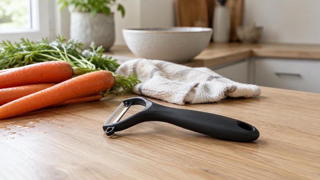 A photograph of a sleek black vegetable peeler resting casually on a light oak kitchen countertop, framed in a horizontal 16:9 landscape composition. The peeler is heroed in a modern, softly styled home kitchen, lying beside a few freshly washed carrots and a pale dish towel, as if someone set it down after preparing ingredients. Natural daylight streams in from a nearby window, creating gentle highlights along the matte handle and subtle reflections on the metal blade. The b
