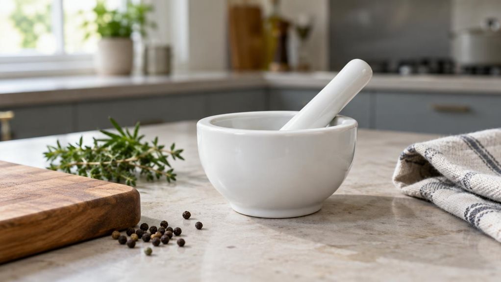 A photograph of a single small white porcelain mortar, about 10 cm wide, resting naturally on a pale stone kitchen counter beside a wooden cutting board and a few loose peppercorns. Its smooth glazed bowl and gently rounded rim are clearly visible, with a matching porcelain pestle resting inside. A folded linen tea towel and a small sprig of fresh herbs sit nearby, suggesting an everyday home kitchen without making the scene feel staged. The composition is horizontal, 16:9 la