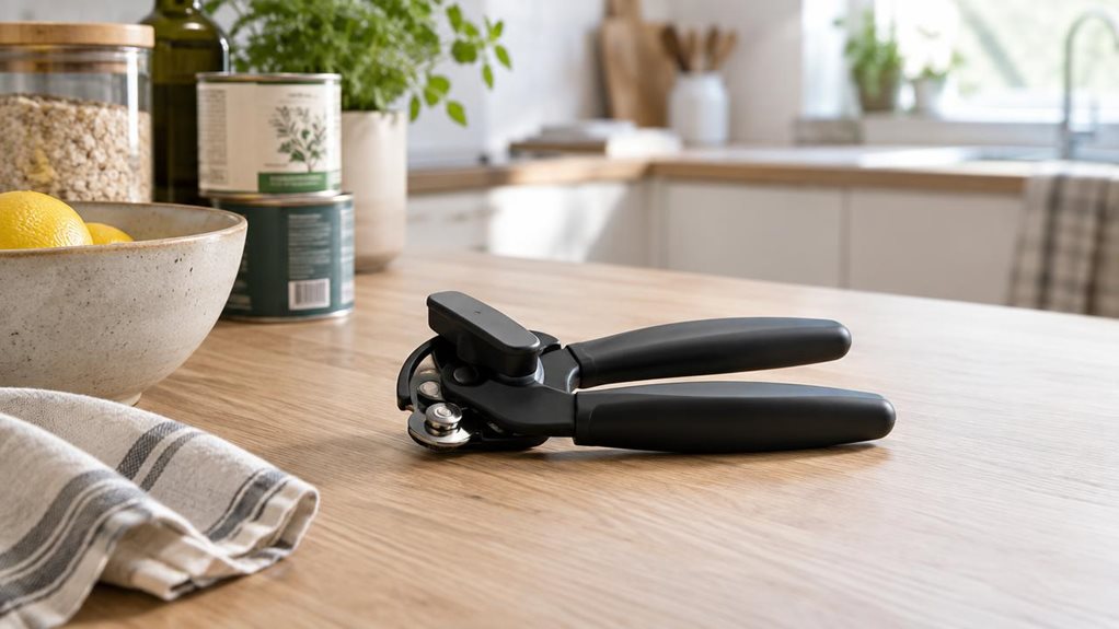 A photograph of a sleek black manual can opener resting naturally on a light oak kitchen countertop, framed in a horizontal 16:9 landscape composition with a calm, observational feel. The product sits slightly off-center beside a ceramic bowl, a linen tea towel, and a few neatly stacked pantry items, suggesting everyday use without any staged action. Its matte finish, compact metal cutting wheel, and smooth ergonomic handles are clearly visible, catching soft highlights from 