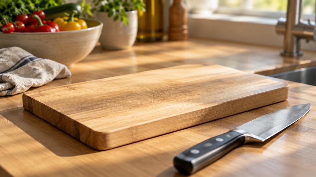 A photograph of a light wood-toned kitchen countertop bathed in soft morning sunlight streaming through a nearby window. At the center rests a rectangular Silit cutting board, its surface a smooth blend of pale beige and warm honey tones, showing a subtle grain texture that speaks to its gentle, blade-friendly design. The board sits slightly off-center, angled naturally as if just set down after use, with faint knife marks barely visible on its surface—evidence of careful, lo