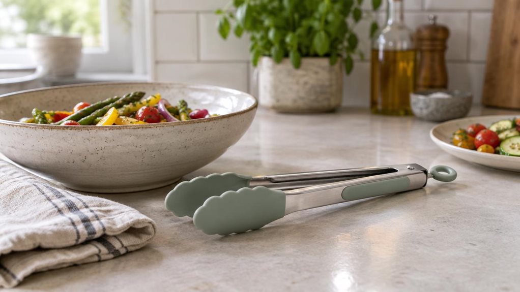 A photograph of a single pair of multicolour kitchen tongs resting naturally beside a ceramic serving bowl on a light stone countertop. The tongs have a realistic stainless-steel body with softly coloured silicone tips and a practical locking loop, clearly visible as the hero of the scene. A folded linen tea towel and a small plate of freshly prepared vegetables sit nearby, suggesting a calm, lived-in home kitchen without distracting from the product. The horizontally compose