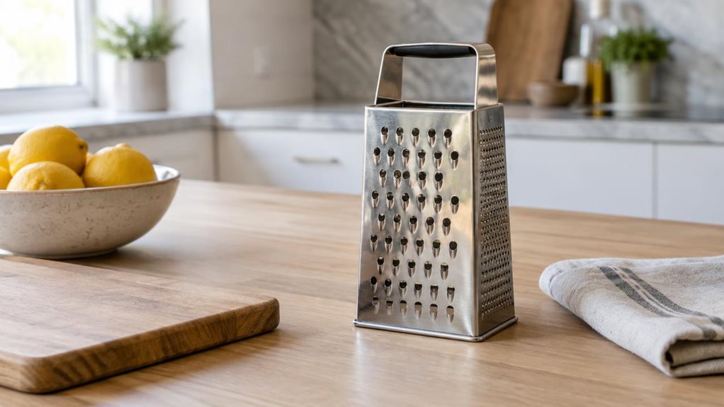 A photograph of a single square stainless-steel box grater resting naturally on a pale oak kitchen counter in a bright, modern home, framed in a horizontal 16:9 landscape composition. The grater is the clear hero of the scene, placed slightly off-center beside a small wooden cutting board, a folded linen towel, and a ceramic bowl of lemons, suggesting everyday use without any action. Its four-sided surfaces catch soft daylight from a nearby window, showing fine brushed metal 