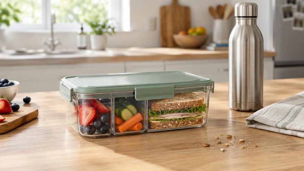 A photograph of a single reusable bento lunch box resting on a light oak kitchen counter beside a folded linen napkin, ready to be packed for the day. The box has a realistic, modern design: a clear rectangular base with neatly separated compartments, a muted sage-green lid, and subtle snap closures, with fresh sliced fruit, vegetables, and a sandwich visible inside. A stainless-steel water bottle and a few crumbs nearby add a casual, lived-in feel without distracting from th