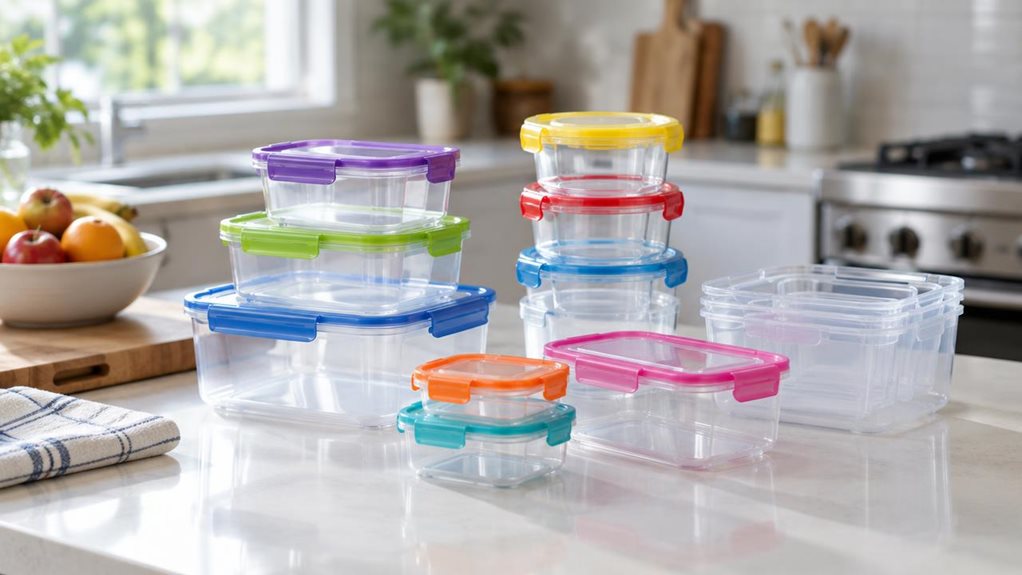A photograph of a single 18-piece set of clear plastic food storage containers with colorful snap-lock lids, arranged neatly on a bright kitchen counter beside a wooden cutting board. The containers vary in size, with a few nested together and several stacked to show their practical shapes and secure-looking lids. A bowl of fresh fruit and a folded tea towel sit nearby, suggesting an everyday home kitchen without distracting from the product. The scene is horizontally compose