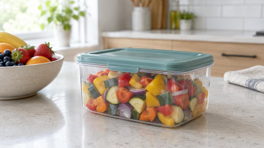 A photograph of a single clear plastic food storage container with a muted teal lid, resting on a pale stone kitchen counter beside a bowl of fresh fruit. The container is neatly filled with colorful chopped vegetables, its translucent sides showing the contents and subtle molded details. In the softly blurred background, a bright, modern kitchen includes light wood cabinetry, a tiled backsplash, and a folded linen towel. The scene feels candid and observational, as if captur