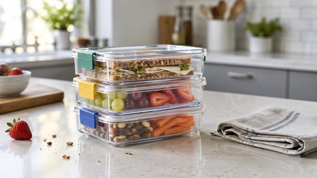A photograph of a single set of three stackable sandwich containers resting on a light kitchen counter beside a neatly folded linen napkin. The containers are clear, rectangular plastic with softly rounded corners and colorful, secure clips; one is slightly offset to reveal the nested stack and practical proportions. A few crumbs and a piece of fruit nearby suggest an everyday lunch-prep setting, without anyone in view or any action underway. The scene is horizontally compose