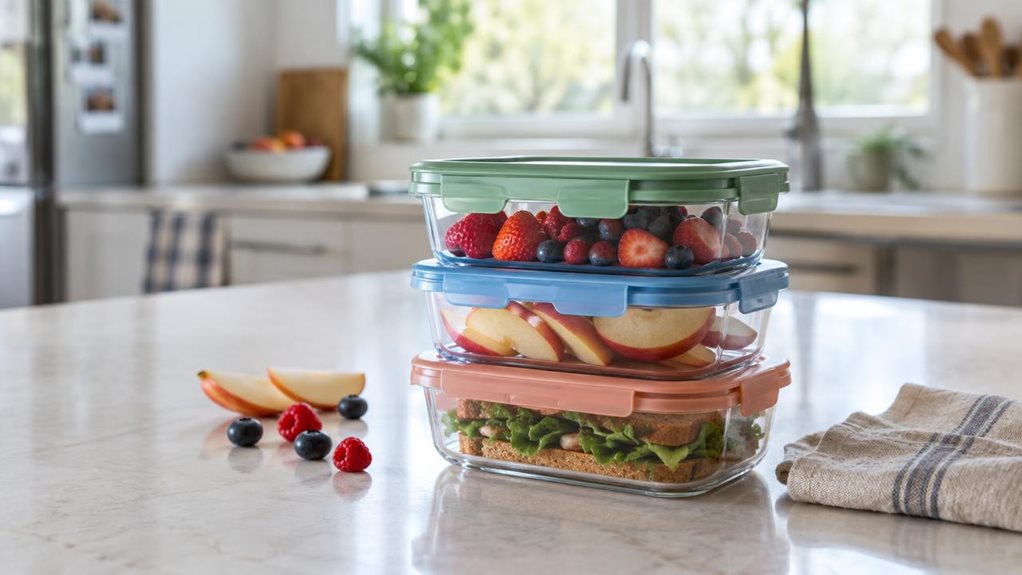 A photograph of a single three-piece lunch container set resting on a light kitchen counter beside a neatly folded linen napkin. The containers are clear, rectangular plastic with softly rounded corners and colorful snap-on lids, stacked together in a compact, practical arrangement. A few fresh berries and sliced apple sit nearby, suggesting a packed lunch without making the scene feel staged. In the softly blurred background, a bright modern kitchen opens toward a window, wi