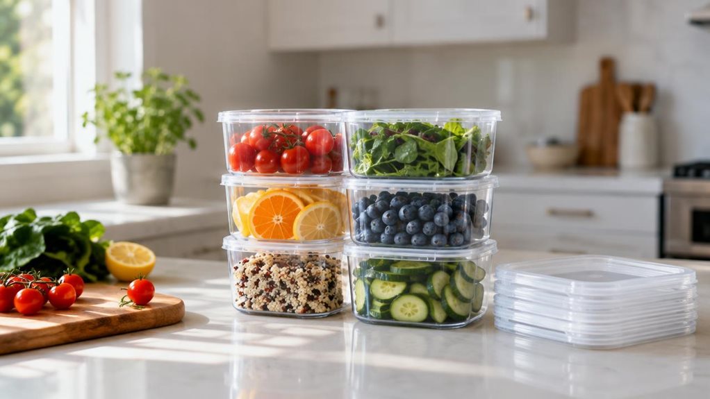 A photograph of a single six-piece set of clear food storage containers arranged neatly on a light kitchen countertop, with translucent lids stacked beside them to show their shape and size. The containers are the hero of a horizontally composed 16:9 landscape scene, photographed in a bright, modern home kitchen where they naturally belong. A few fresh ingredients—cherry tomatoes, leafy greens, and sliced citrus—rest nearby, suggesting everyday meal storage without making the