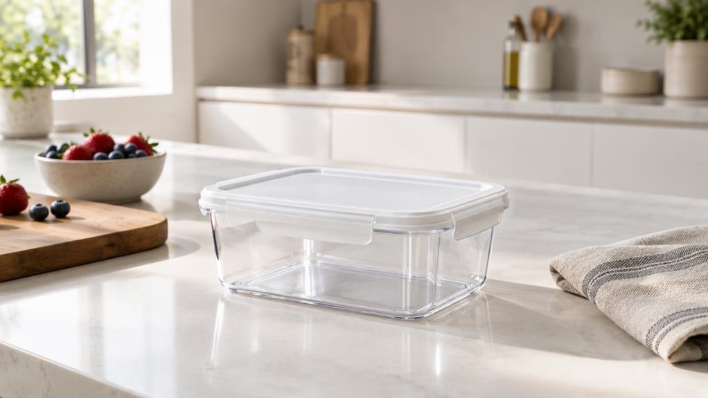 A photograph of a single clear, rectangular food storage container with a matching white snap-on lid, placed casually on a bright, modern kitchen countertop beside a wooden cutting board, a folded linen towel, and a small bowl of fresh berries. The scene is composed in a horizontal 16:9 landscape frame, with the container as the clear hero element in the foreground, naturally integrated into a tidy everyday kitchen setting. Soft morning light streams in from a nearby window,
