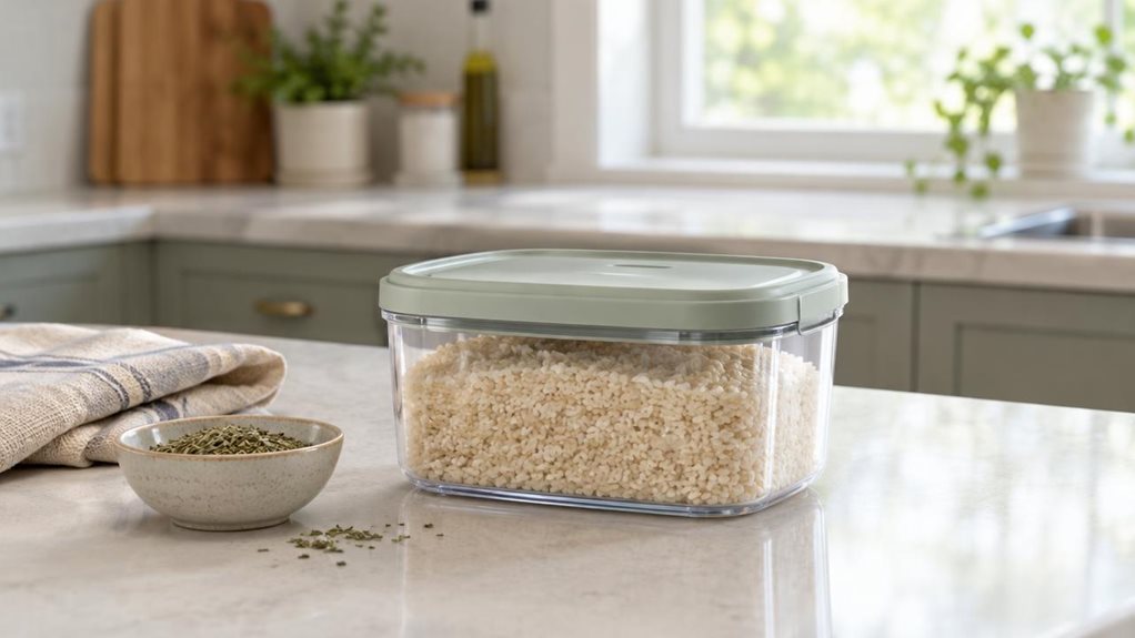 A photograph of a single aroma-keeper food storage container resting on a bright, tidy kitchen counter, shown in a horizontally composed 16:9 landscape scene. The container is a realistic, compact plastic design with a clear body and a snug, softly colored lid, its clean shape and practical proportions clearly visible. A few pantry staples sit nearby—a small bowl of dried herbs and a folded linen towel—while understated cabinetry and a sunlit window create a natural home-kitc