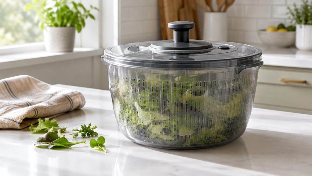 A photograph of a single 4-liter salad spinner resting on a bright, modern kitchen counter, composed horizontally in a 16:9 landscape frame. The spinner is the clear hero: a realistic, gently rounded bowl in translucent smoke-gray plastic, with a fitted lid, understated handle, and a small turning knob. Fresh, loosely arranged lettuce and herbs are visible through the bowl, suggesting it has just been used. Nearby, a folded linen towel and a few stray leaves add a casual, liv