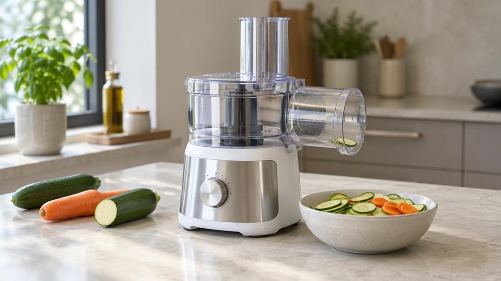 A photograph of a Solis Slice & More 8401 food processor resting on a light stone kitchen countertop, composed horizontally in a 16:9 landscape frame. The single appliance is the clear hero: a compact, brushed-metal-and-white unit with a transparent slicing attachment, a neatly fitted feed chute, and a few fresh vegetable slices visible in a small bowl beside it. A cucumber, carrot, and half a zucchini sit casually nearby, suggesting everyday meal preparation without showing 