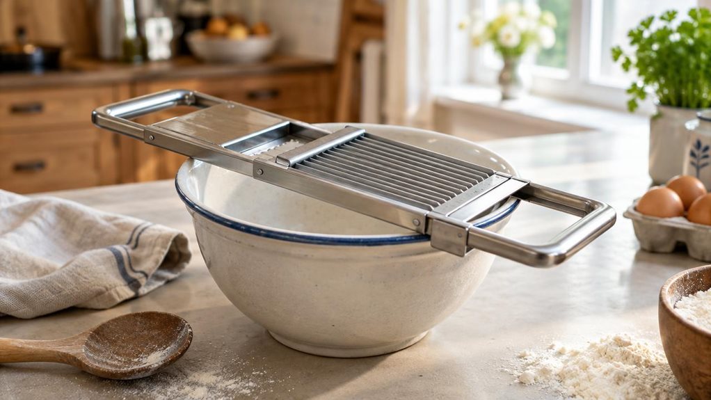 A photograph of a robust traditional Spätzlehobel resting across the rim of a ceramic mixing bowl on a bright, lived-in kitchen counter. The single stainless-steel noodle tool is the clear hero, its ridged sliding plate and sturdy handles catching the gentle daylight from a nearby window. A dusting of flour, a wooden spoon, and a folded linen towel sit casually nearby, suggesting a home kitchen prepared for making Spätzle without showing anyone mid-action. In the softly blurr