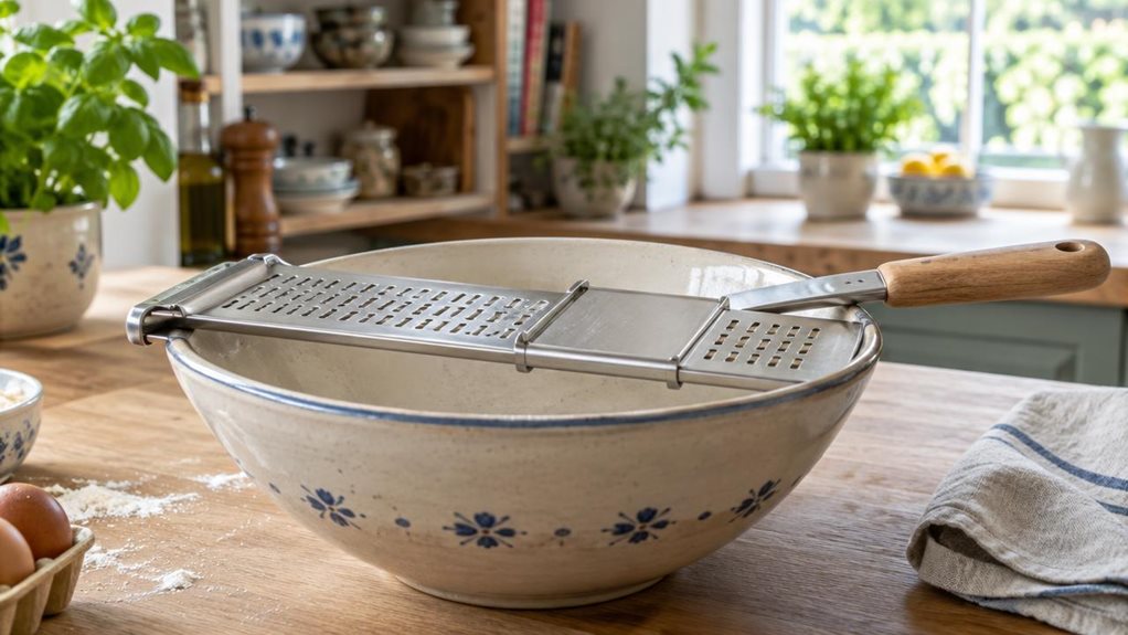 A photograph of a traditional 7-mm Spätzlehobel resting across the rim of a wide ceramic mixing bowl on a bright, lived-in kitchen counter. The single stainless-steel tool has a flat sliding carriage, evenly spaced grating slots, and a simple wooden handle, with realistic brushed-metal reflections and no visible branding. A small dusting of flour and a folded linen towel nearby suggest a recent cooking session, while the utensil remains still and neatly placed. The horizontal