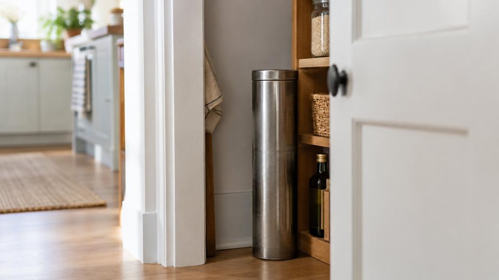 A photograph of a single unbranded metal spaghetti tin tucked neatly behind a pantry door in a bright, modern kitchen. The tin is tall and slender, with a fitted lid, softly brushed steel finish, and subtle everyday scuffs that make it feel genuinely used. It stands on the floor beside a narrow pantry shelf, with the partly open door framing it naturally; a few indistinct kitchen essentials sit nearby without competing for attention. The scene is horizontally composed in a 16