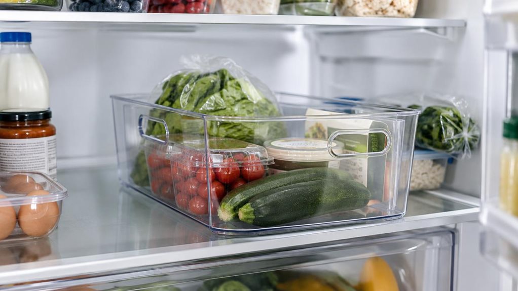 A photograph of a single clear plastic fridge organiser resting on a refrigerator shelf, captured in a horizontally composed 16:9 landscape scene. The transparent bin is the hero, neatly holding a few fresh vegetables and small packaged foods, with its clean rectangular shape and integrated handles clearly visible. Other groceries sit casually nearby, suggesting an everyday home kitchen rather than a staged display. The open refrigerator’s bright white interior frames the org