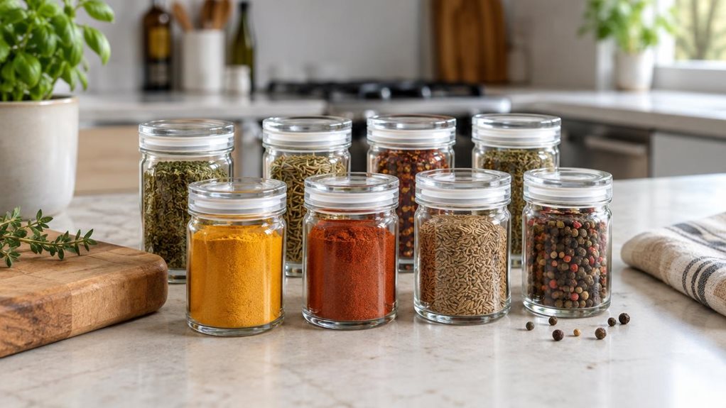 A photograph of a single set of eight clear glass spice jars with simple, unbranded aroma-sealing lids, arranged neatly on a pale stone kitchen counter. Each jar holds a different richly colored spice—golden turmeric, paprika, cumin, peppercorns, and dried herbs—visible through the glass. The jars sit beside a small wooden cutting board and a folded linen tea towel, with a few loose peppercorns nearby, suggesting an everyday kitchen rather than a staged display. Soft natural 