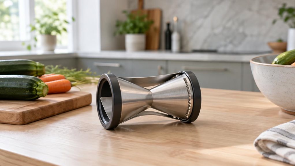 A photograph of a spiral cutter with a smooth and serrated edge set resting on a light oak kitchen countertop in a bright, modern home kitchen, framed in a horizontal 16:9 landscape composition. The stainless steel tool sits naturally beside a small cutting board, a few fresh zucchini and carrots, and a ceramic bowl, suggesting everyday meal prep without any action frozen in progress. The product is heroed in the center foreground, crisp and detailed, with subtle reflections 