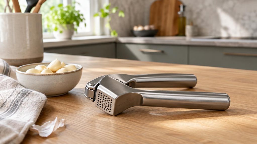 A photograph of a single stainless steel garlic press resting casually on a light oak kitchen countertop in a modern, sunlit home, framed in a horizontal 16:9 landscape composition. The product is heroed in the foreground, slightly angled as if recently set down after use, with subtle reflections on its brushed metal surface and a clean, sturdy handle design that suggests dishwasher-safe durability. Nearby, a small bowl of peeled garlic cloves, a linen towel, and a ceramic ut