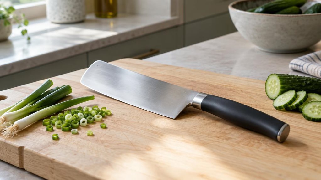 A photograph of a single professional nakiri knife resting naturally on a pale wooden cutting board in a calm, modern home kitchen. The 16.5 cm rectangular blade is the clear hero, with a clean brushed-steel finish, a gently rounded spine, and a subtle reflection of window light; its dark, ergonomic handle sits angled toward the lower right. A few neatly arranged scallions and sliced cucumber nearby suggest the knife’s everyday purpose without making the scene feel staged or 