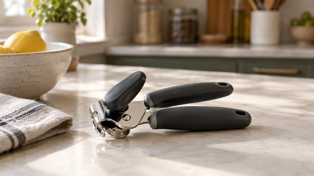 A photograph of a compact manual can opener resting on a clean kitchen countertop beside a ceramic bowl, a folded linen towel, and a softly out-of-focus pantry backdrop, captured in a horizontally composed 16:9 landscape frame. The can opener is the clear hero, placed naturally in the scene as if set down after use, with crisp detail on its smooth handle, metal cutting wheel, and ergonomic shape. Warm natural window light washes across the countertop, creating gentle shadows
