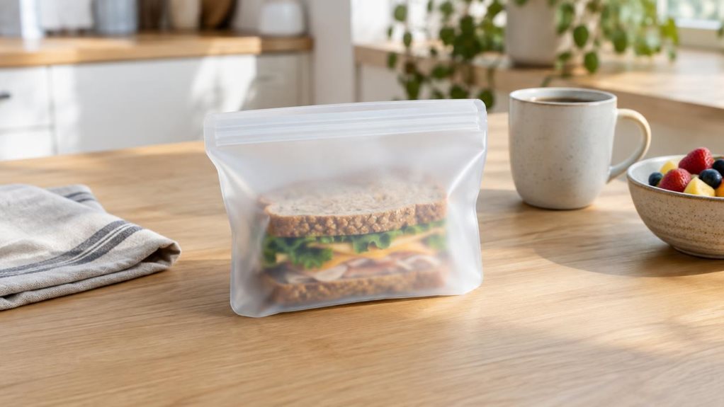 A photograph of a single silicone sandwich food storage bag resting naturally on a clean, light oak kitchen counter in a bright modern home, composed in a horizontal 16:9 landscape frame. The translucent reusable bag is the clear hero of the scene, lightly filled with a simple sandwich, its flexible matte texture and secure seal visible in crisp detail. Around it are subtle lifestyle cues: a folded linen napkin, a ceramic coffee mug, and a small bowl of fruit softly arranged 
