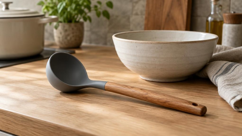 A photograph of a sleek silicone soup ladle with an acacia wood handle resting casually beside a large ceramic serving bowl on a light oak kitchen counter, captured in a horizontal 16:9 landscape frame. The ladle is heroed in a warm, modern kitchen setting with muted stone backsplash, a linen tea towel, and a partially visible pot in the background, suggesting a calm home-cooking moment rather than an action shot. Soft natural daylight streams in from an off-frame window, cre