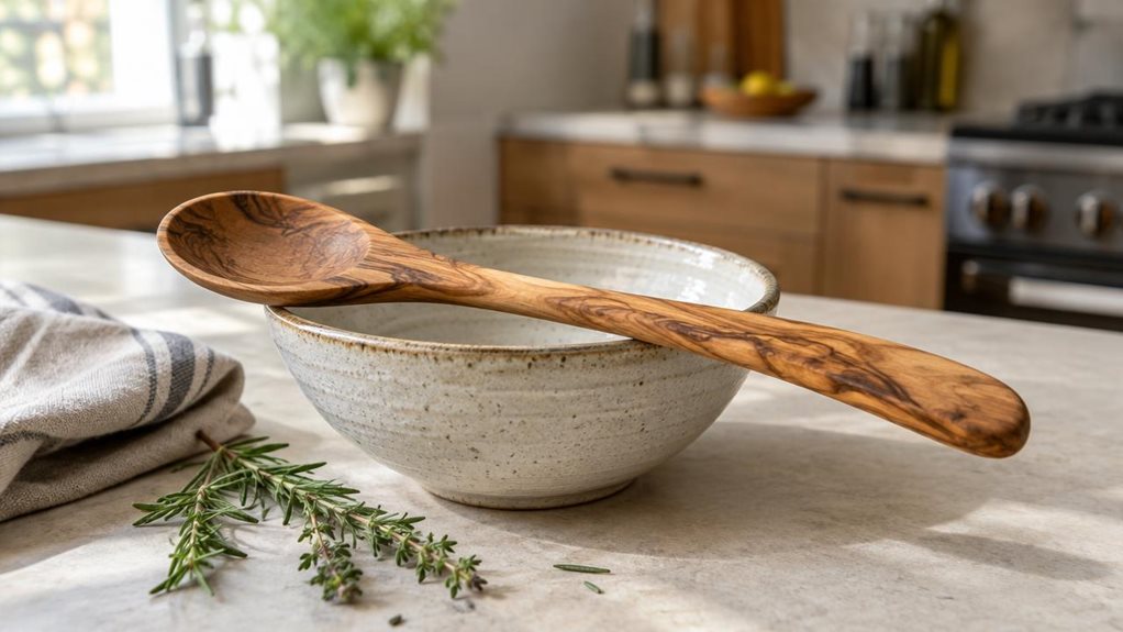 A photograph of a single olive wood cooking spoon resting diagonally across the rim of a handmade ceramic bowl on a pale stone kitchen counter, composed as a horizontal 16:9 landscape. The spoon is the clear hero, its gently curved handle and rich, irregular grain in crisp focus, with a subtle satin finish that suggests frequent use. Nearby, a folded linen tea towel and a few loose sprigs of fresh herbs add quiet, natural detail without cluttering the scene. The softly blurre