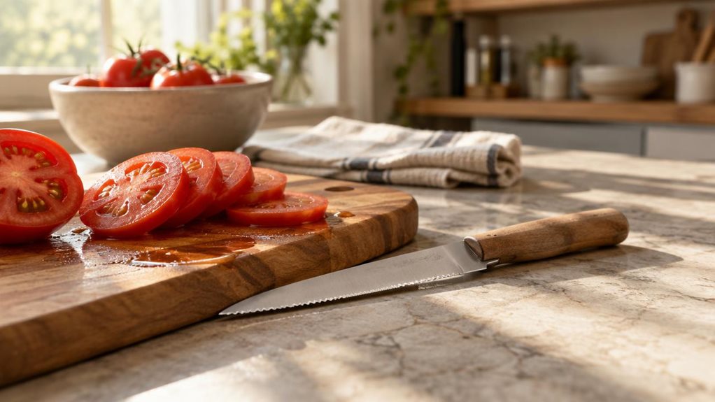 A photograph of a sunlit kitchen countertop, captured in a wide 16:9 landscape frame. A serrated tomato knife with a slim, sharp blade and a matte wooden handle rests beside a wooden cutting board, where freshly sliced tomato rounds reveal glistening seeds and juice pooling slightly on the surface. The knife's fine serrations catch the light, emphasizing its precision edge. Morning sunlight streams in from a nearby window, casting soft, warm highlights across the blade and th
