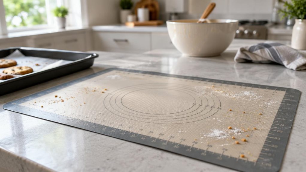 A photograph of a single reusable non-stick baking mat resting naturally on a clean kitchen countertop beside a baking tray, in a horizontally composed 16:9 landscape scene. The mat is the clear hero, its smooth silicone surface and subtle measurement markings visible in soft detail, with a few crumbs and a dusting of flour adding a lived-in touch. A tidy modern kitchen sits in the background, softly blurred, with neutral cabinetry, a mixing bowl, and a folded tea towel sugge