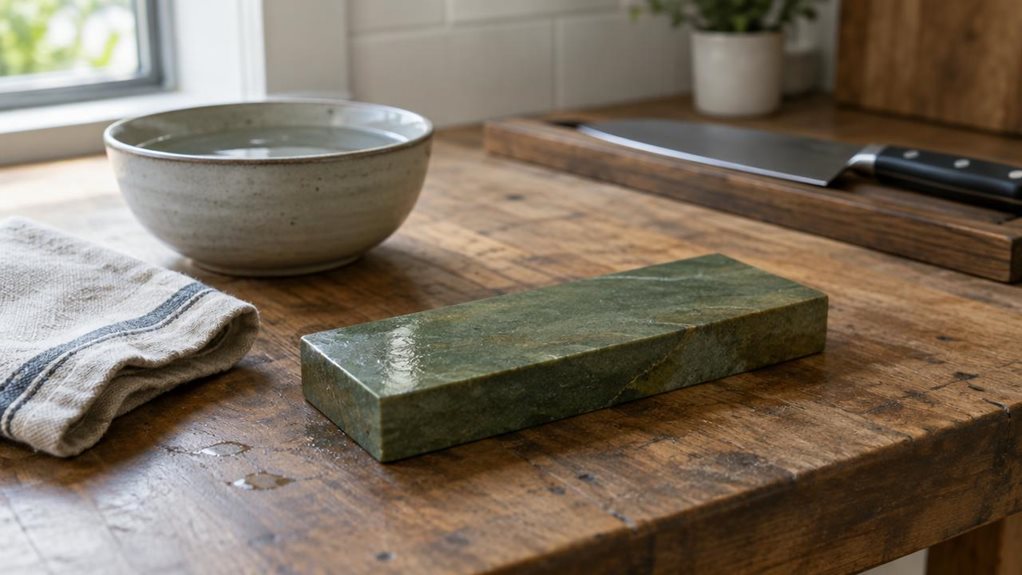 A photograph of a single natural green whetstone resting on a worn wooden workbench in a quiet, well-kept kitchen. The stone is the clear hero, its finely textured surface and subtle moss-green variations visible beside a folded linen cloth and a simple ceramic water bowl. A neatly stored chef’s knife sits farther back, suggesting the whetstone’s purpose without any sharpening in progress. Soft daylight falls from a nearby window, bringing out the stone’s realistic grain and 