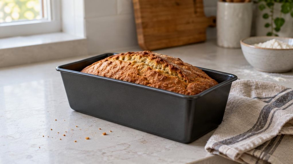A photograph of a single unbranded 2 lb loaf tin resting on a pale stone kitchen counter, its dark, nonstick-coated sides and clean rectangular shape clearly visible. A freshly baked golden-brown loaf sits inside, with a few crumbs scattered nearby and a folded linen tea towel casually draped beside it. The tin is the hero of a horizontally composed 16:9 landscape scene, photographed in its natural home-kitchen setting with a candid, observational feel—as if captured casually