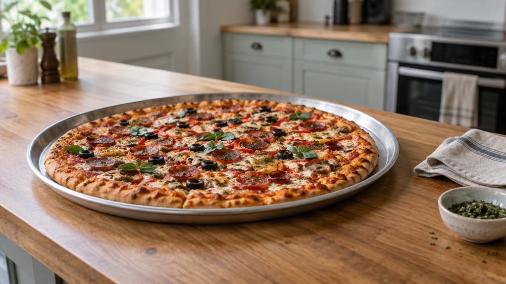 A photograph of a single oversized, round 60 cm pizza tray resting on a broad wooden kitchen island, its brushed metal surface holding a freshly baked, generously sized pizza with a golden crust and casually scattered toppings. The tray is the clear hero, shown at a natural three-quarter angle so its wide rim and impressive scale are easy to see. A folded linen cloth and a small bowl of herbs sit nearby, while understated cabinets and a home oven softly blur in the background